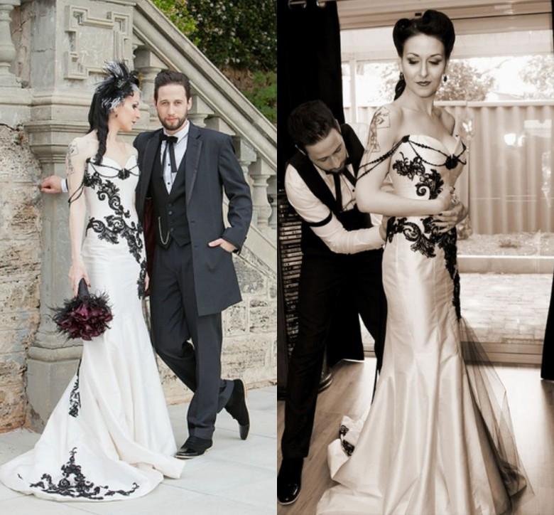 Vintage 2019 Gothic Wedding Dresses Black and White Sweetheart Sleeveless Mermaid Lace Appliqued Corset Bridal Gowns with Beading