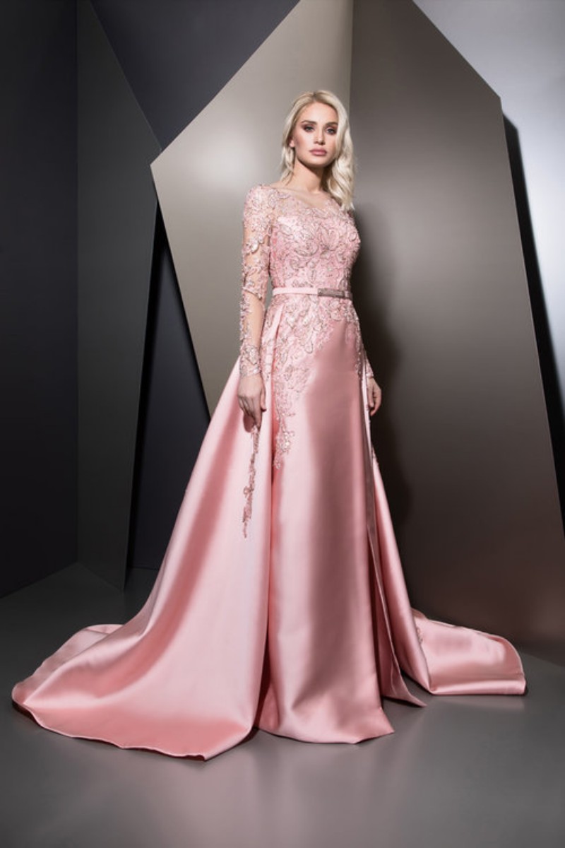2019 Ziad Nakad Pink Prom Dresses With Detachable Train Jewel Neck Long Sleeve Appliques Evening Dress Customized Special Ocn Gowns