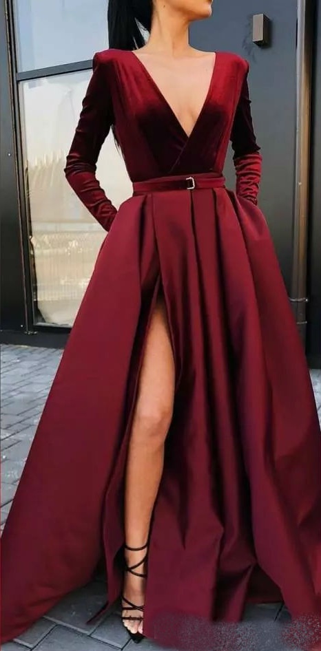Burgundy Long Sleeve Prom Dresses 2019 Spring V Neck Side Split Evening Gowns Formal Party Dresses Custom Made