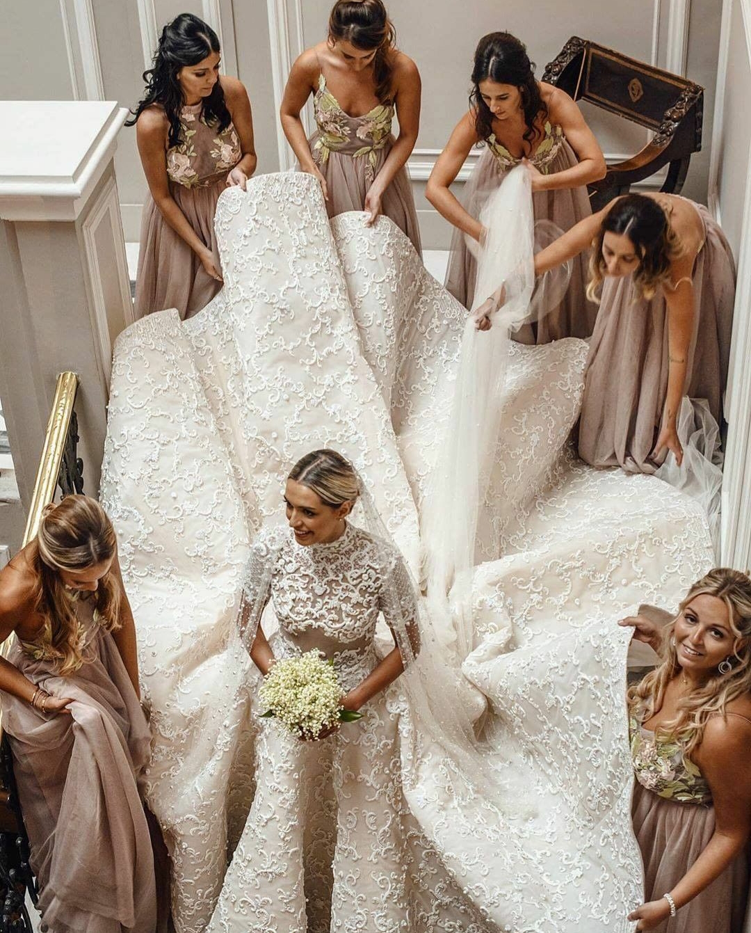 High Collar Lace Dresses Ruffles Long Train Short Sleeves Country Wedding Gowns Buttons Back Beaded Robe De Mariee