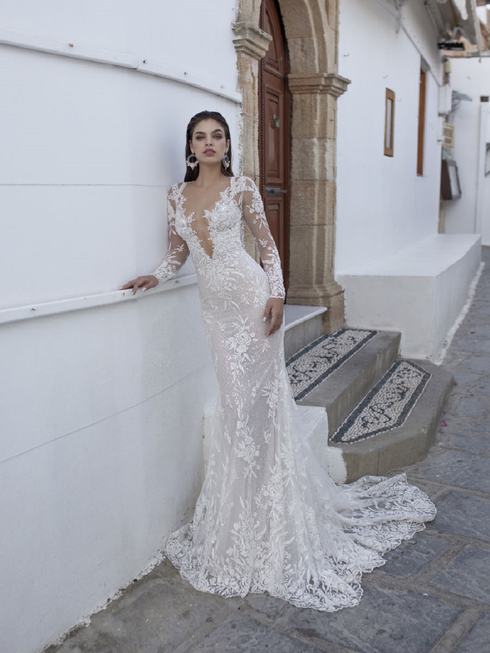 Elegant Lian Rokman Mermaid Wedding Dresses 2020 Appliqued Lace Sheer Deep V Neck Bridal Gowns Sweep Train Country Robe De Mariée