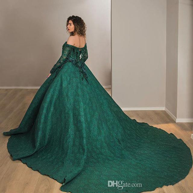 Luxury Dark Green Prom Dress Beaded Off The Shoulder Lace Appliqued Long Sleeve Classic Arabic Celebrity Customizable Formal Evening Gowns