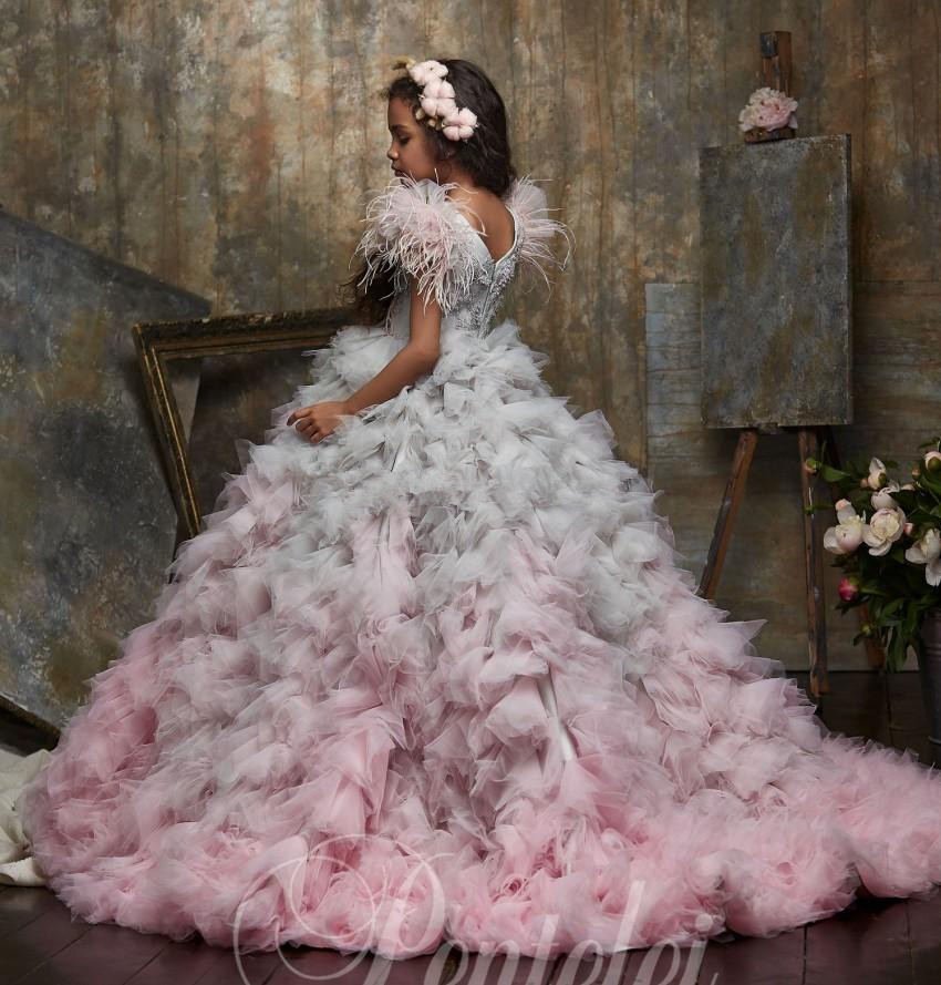 cute flower girl dresses jewel neck appliqued beaded feather girl pageant gown cascading ruffle sweep train custom made birthday gowns