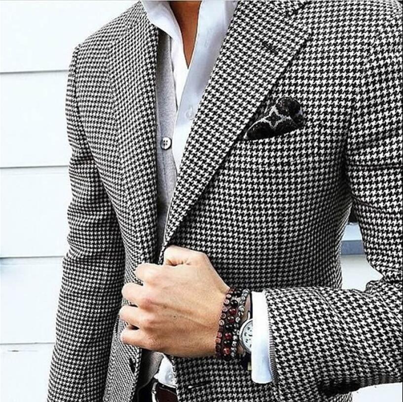 Classic Style Two Buttons Houndstooth Groom Tuxedos Notch Lapel Groomsmen Mens Suits Wedding/Prom/Dinner Blazer (Jacket+Pants+Tie) K420