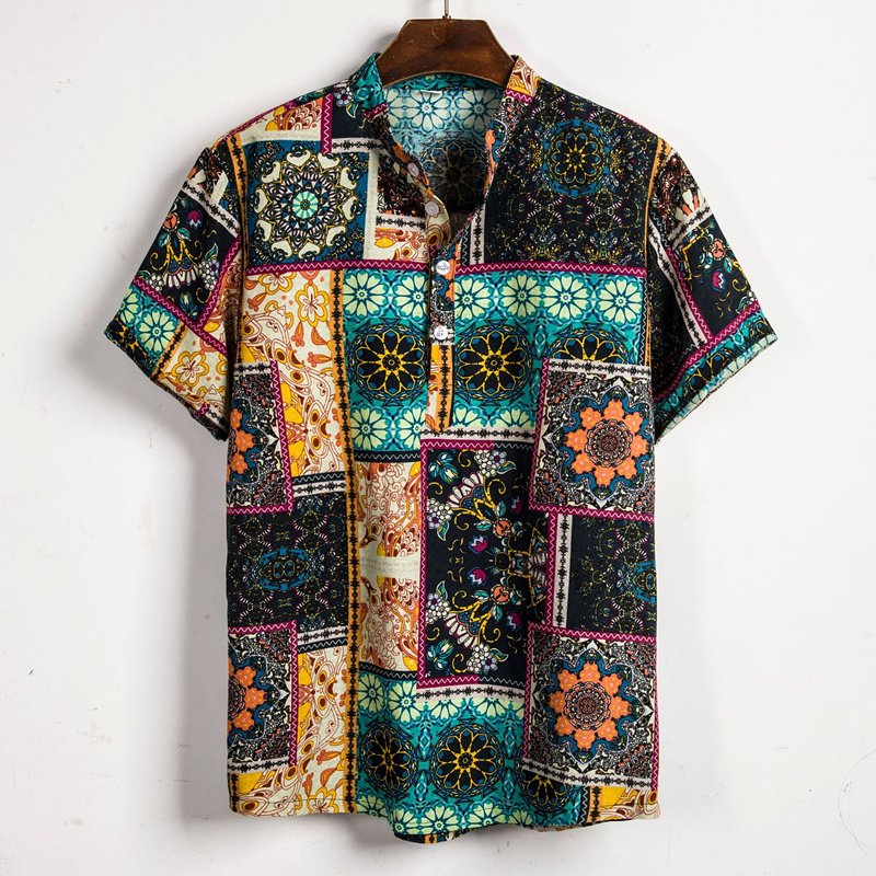 Vintage Ethnic Style Men Shirt Printing Loose Cotton Short Sleeve Stand Collar Breathable Tops Hawaiian Shirts, As shown
Vintage Ethnic Style Men Shirt Printing Loose Cotton Short Sleeve Stand Collar Breathable Tops Hawaiian Shirts, As shown