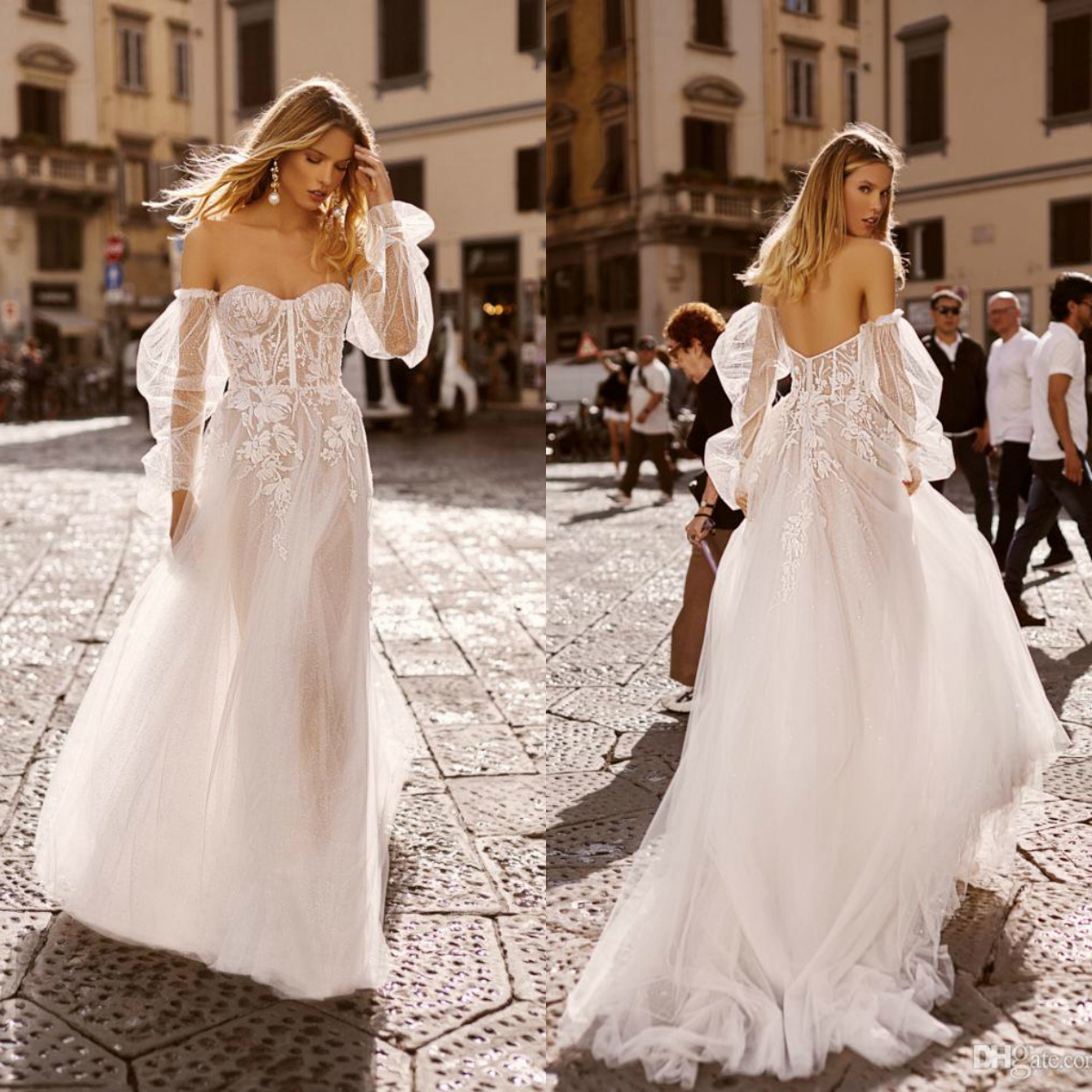 Country 2020 A Line Wedding Dresses Sweetheart Off The Shoulder Lace Appliqued Beach Boho Long Sleeve Bridal Gowns Vestido De Novia