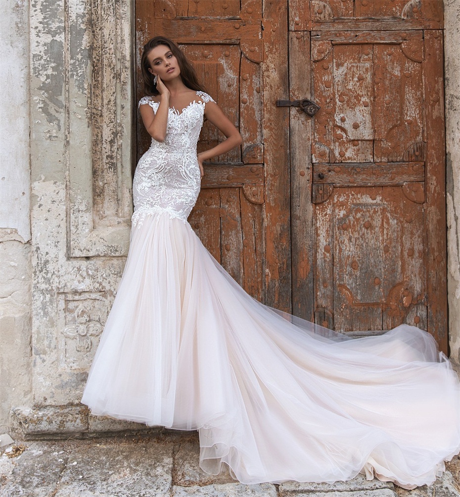 sexy mermaid wedding dresses short sleeves backless wedding dress appliqued sequins court train custom made bridal gowns