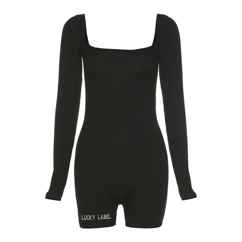 Black High-Waisted Bodysuit With Square Collar - Long Sleeve Backless Sportswear Jumpsuit For Fiess And Streetwear B2