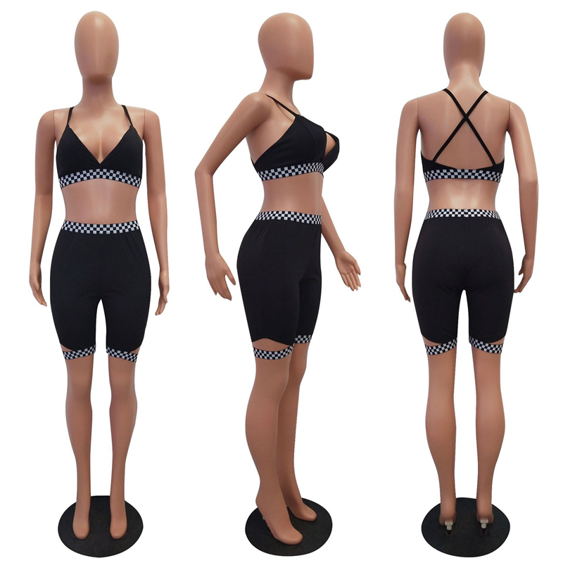 Adogirl Women Two Piece Set Outfit Checkerboard Plaid Race Suit Bra Top and Shorts Female Tracksuit Summer Club Suits Sportswear D19011104