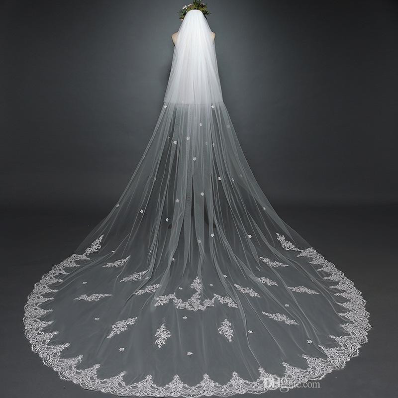 2019 Ivory 2T Wedding Veils 3 Meters Long Cathedral Length Lace Appliqued Real Image Tulle Bridal Veil With Comb