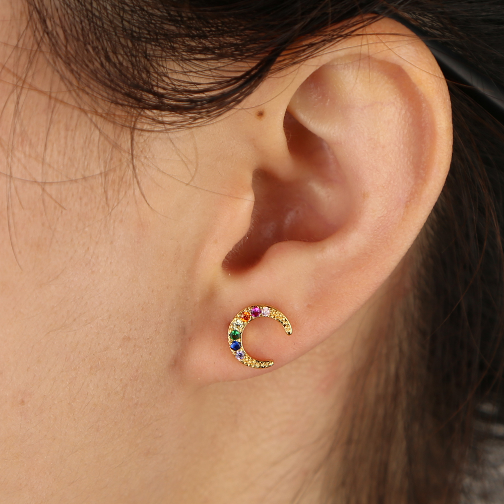Rainbow cz crescent moon stud lovely girl stud Gold silver Color 2019 Christmas gift Moon earring