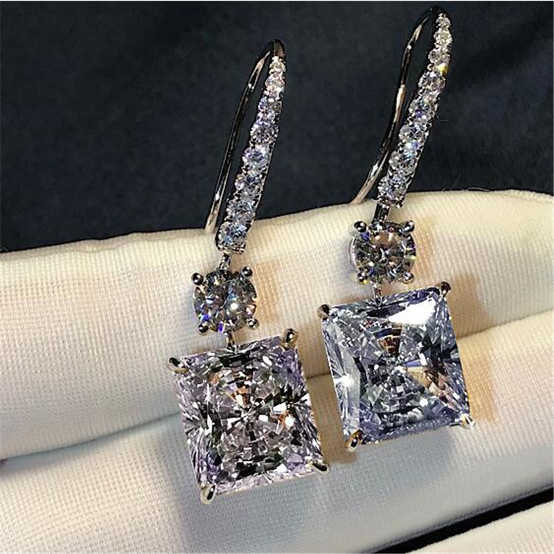 Princess Cut White Topaz Platinum Plated CZ Dia Dangle Sterg Sier Women Bridal Hook Earrings