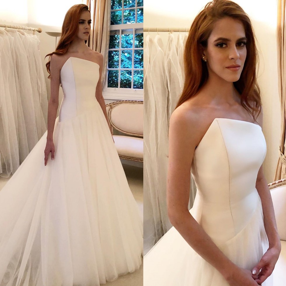 Line Stunning A Wedding Dresses Strapless Neck Pleated Sleeveless Bridal Gowns Sweep Train Tulle Robe De Marie