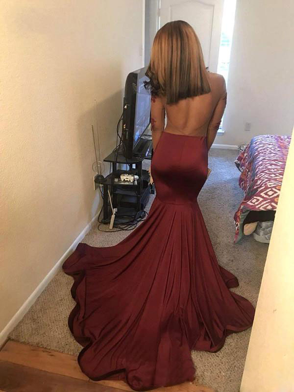 Mermaid Backless Bury Lace Prom Dresses Sheer Bateau Neck Beaded Long Sleeves Formal Dress Sweep Train Appliqued Satin Evening Gowns