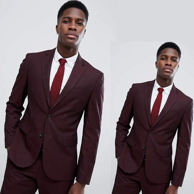 Burgundy Mens Formal Tuxedos 2 Pieces Slim Fit Notched Lapel Wedding Suits Handsome Groom Two Button Wear Jackets