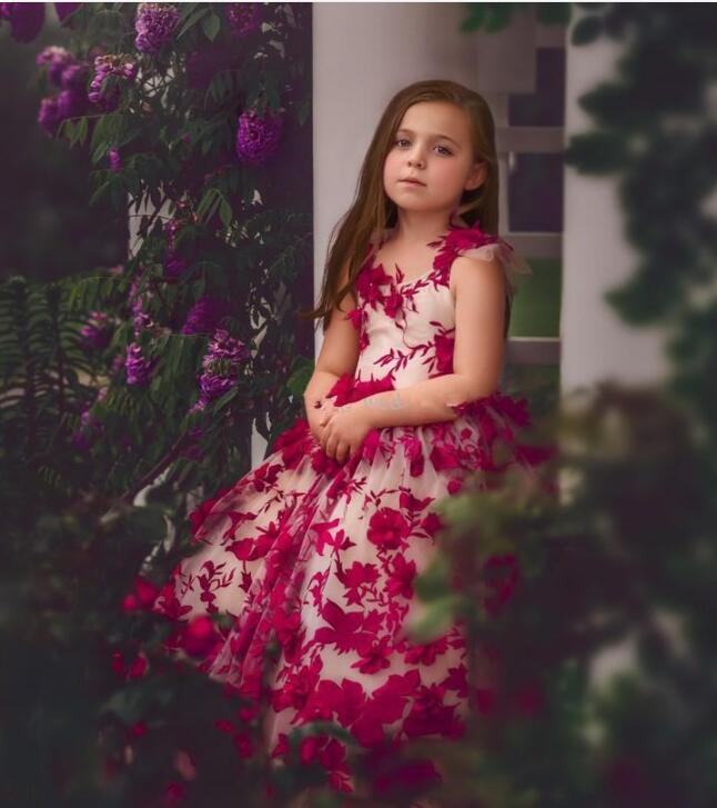 Cute 3D Floral Appliqued Little Girls Pageant Dresses Ball Gown Flower Girl Dress For Wedding Jewel Neck Tulle First Communion Gowns