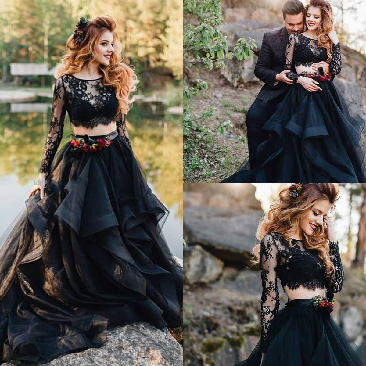 Vintage Country Wedding Dresses Jewel Neck Tiered Skirts A Line Lace 2 Pieces Black Wedding Dress Long Sleeve Chic Bohemian Bridal Gowns