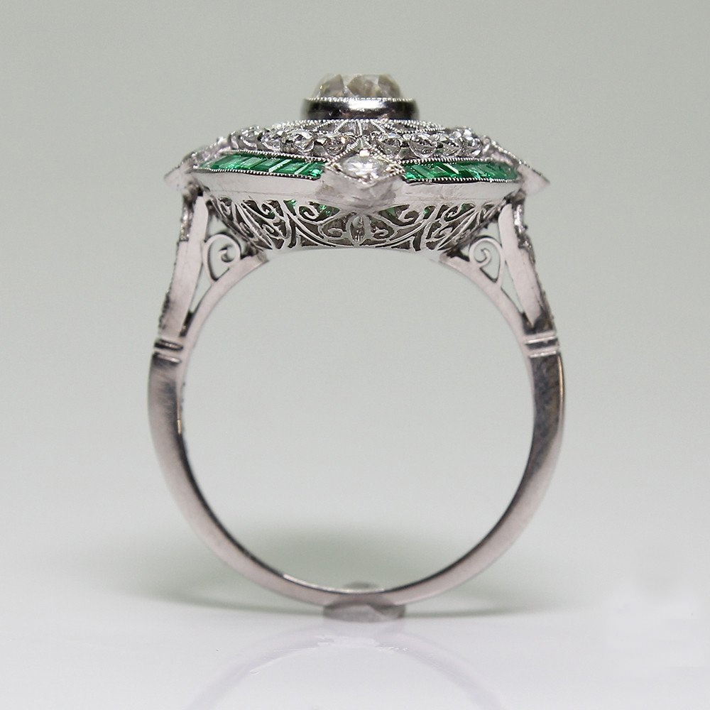 Antique Art Deco 925 Sterling Silver Emerald White Sapphire Floral Engagement Party Ring Size Anniversary Gift Day US 5 12