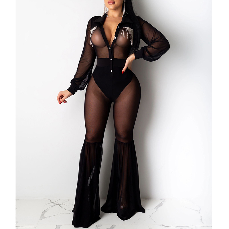 Women Sexy Sheer Mesh Black Jumpsuit Button Down Flare Long Pants Classy Party Clubwear Chic See Through Jumpsuits
Women Sexy Sheer Mesh Black Jumpsuit Button Down Flare Long Pants Classy Party Clubwear Chic See Through Jumpsuits
