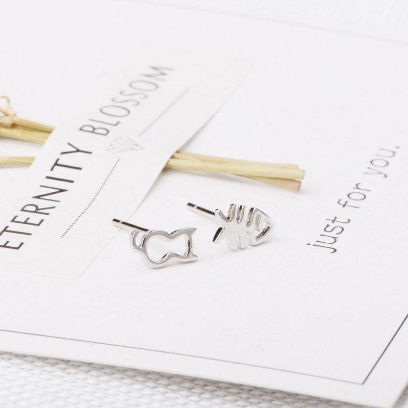 Cat and fish bone long chain earrings earrings two sterling silver Valentine's Day gift ladies