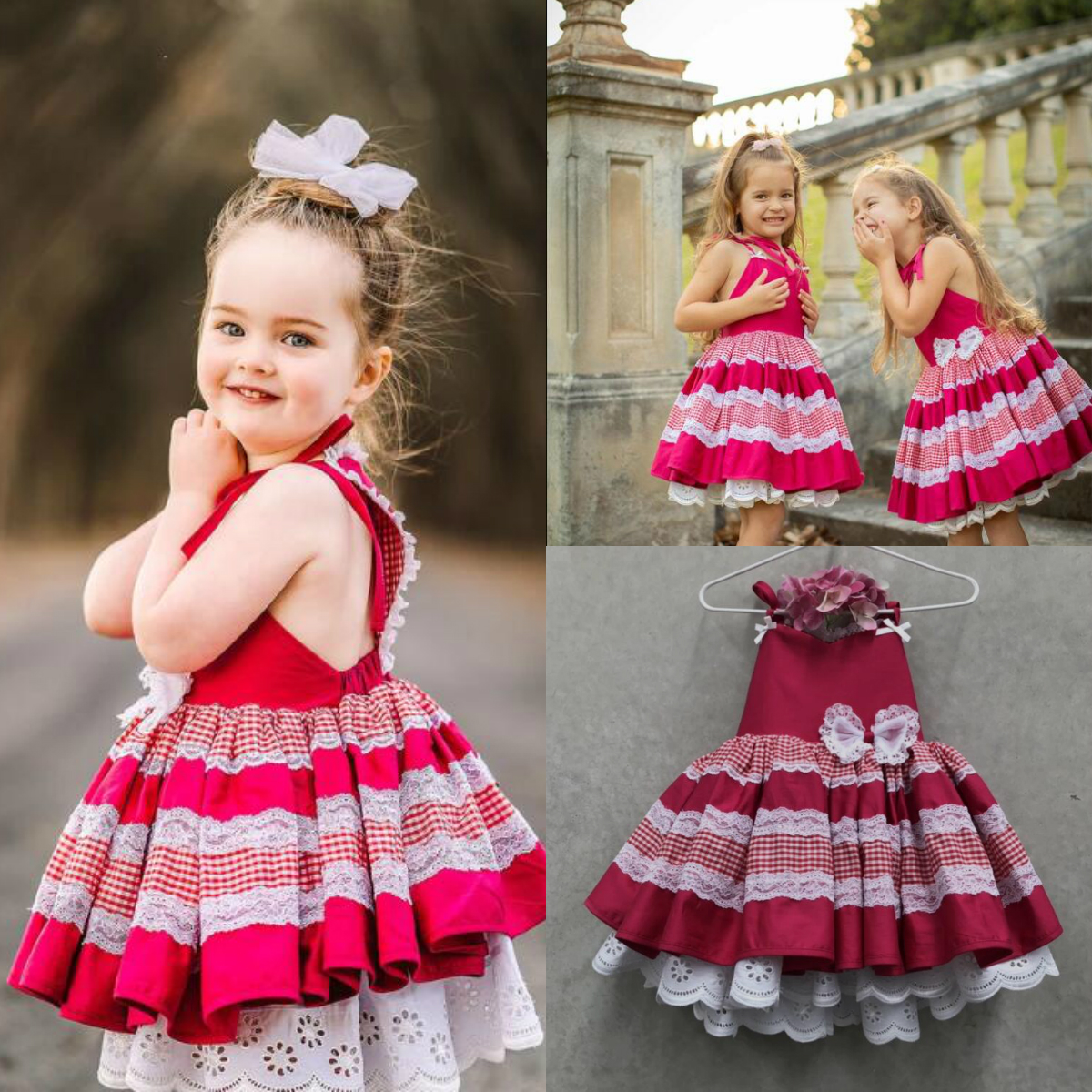 Pastoral Style 2020 Flower Girls Dresses For Wedding Red Satin Lace A Line Kids Formal Wear knee Length Multilayer Girls Pageant Dress