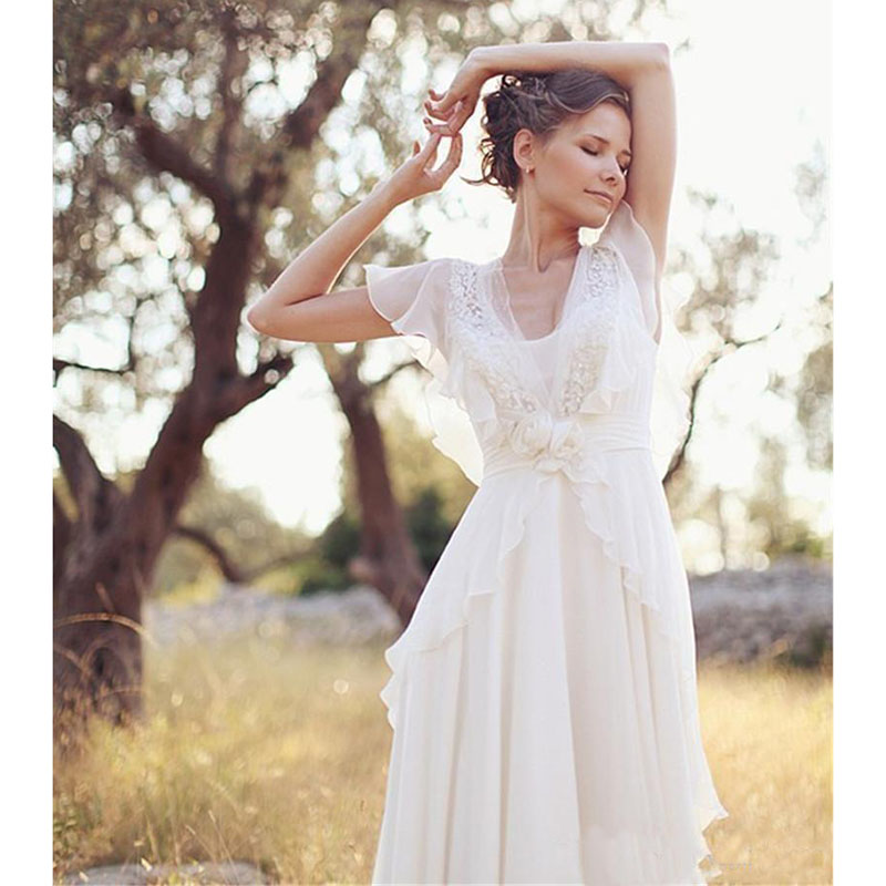 Modest Beach Boho Hippie Dresses V Neck A Line Cap Sleeves Bride Vestidos De Novia Pregnant Wedding Gowns 0521
