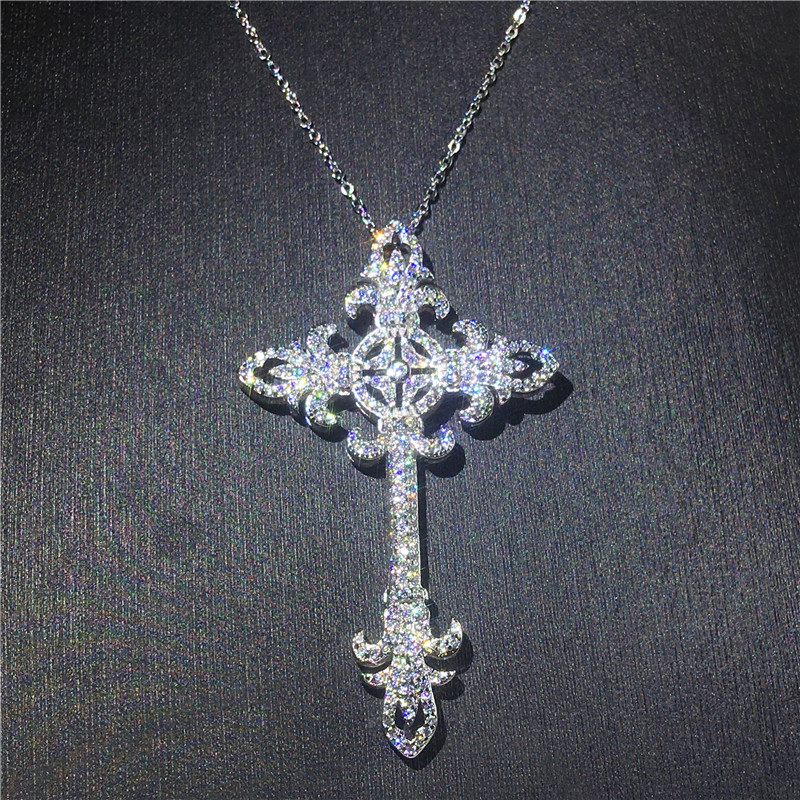 Vecalon Flower Long Cross pendant 925 Sterling silver 5A Cz Stone cross Pendant necklace for Women Men Party Wedding Jewelry