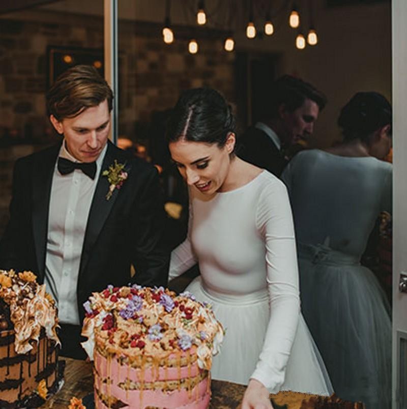 Fall 2019 Modest Long Sleeve Wedding Dresses Jewel Neck Natural Waist A Line Sweep Train Ivory Satin and Tulle Plain Bridal Gowns