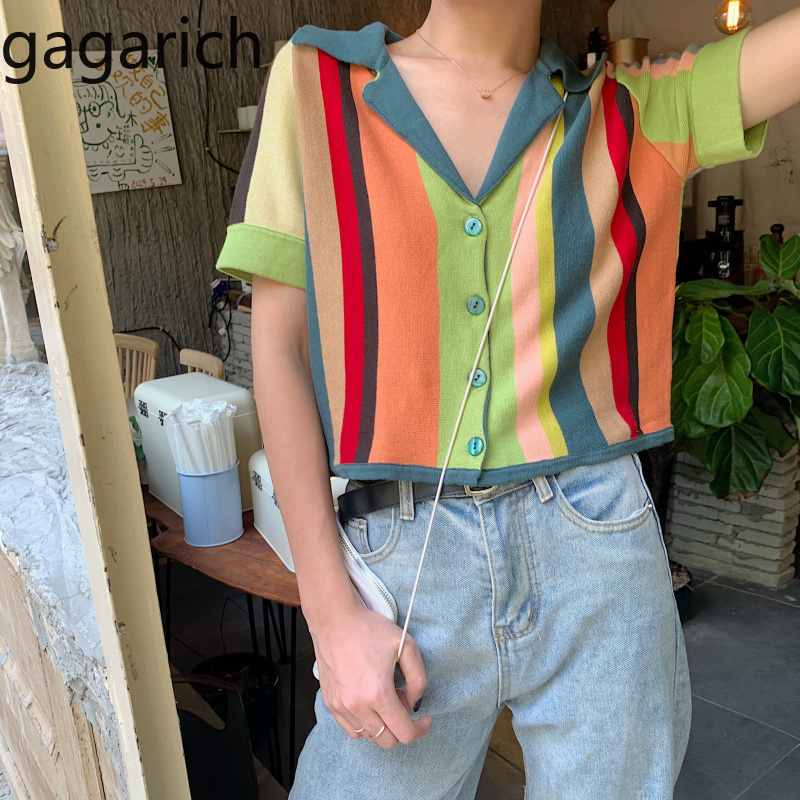 Gagarich Sweet Girls Shirt Fashion Coloful Rainbow Stripe Short Tops Femme Slim V Neck Short Sleeve Knitted Blouses Tide Spring, Photo color
Gagarich Sweet Girls Shirt Fashion Coloful Rainbow Stripe Short Tops Femme Slim V Neck Short Sleeve Knitted Blouses Tide Spring, Photo color