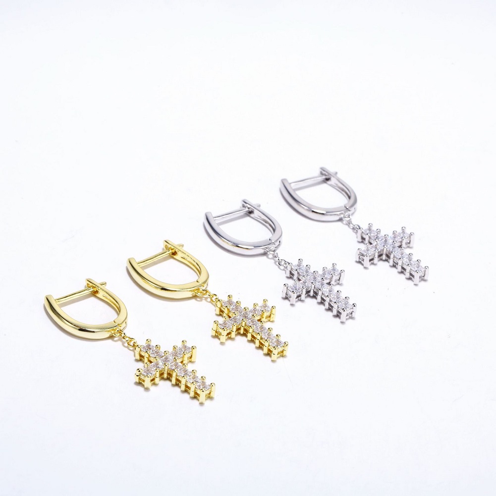 Hip Hop Cross Hoop Earrings Bling White Zircon Drop Earrings 18K Real Gold /Platinum Plated