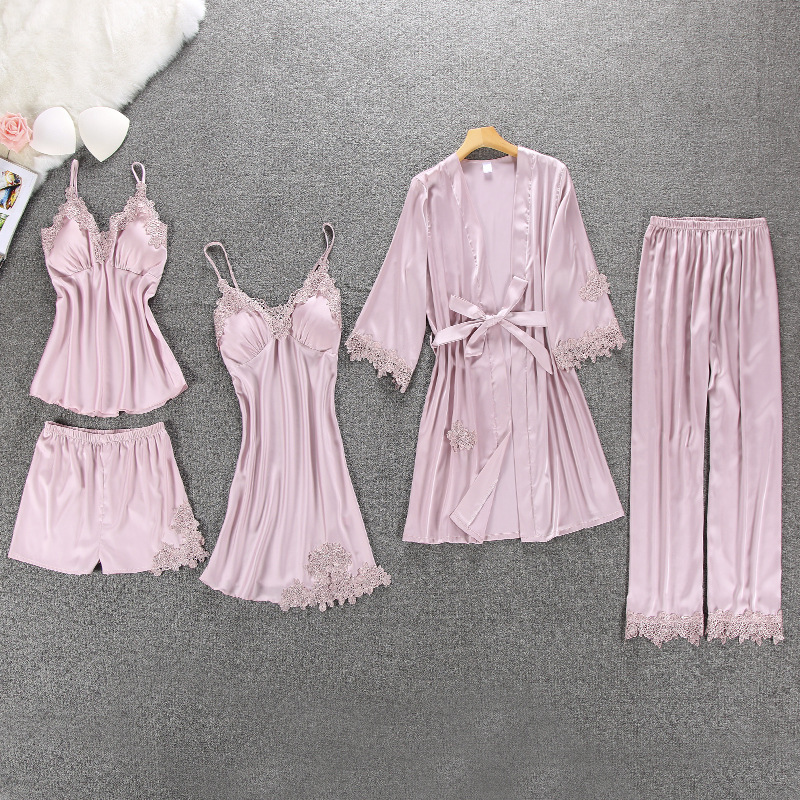 Women Pajamas 5 Pieces Satin Sleepwear Pijama Silk Home Wear Home Clothing Embroidery Sleep Lounge Pyjama with Chest Pads, Gray
Women Pajamas 5 Pieces Satin Sleepwear Pijama Silk Home Wear Home Clothing Embroidery Sleep Lounge Pyjama with Chest Pads, Gray