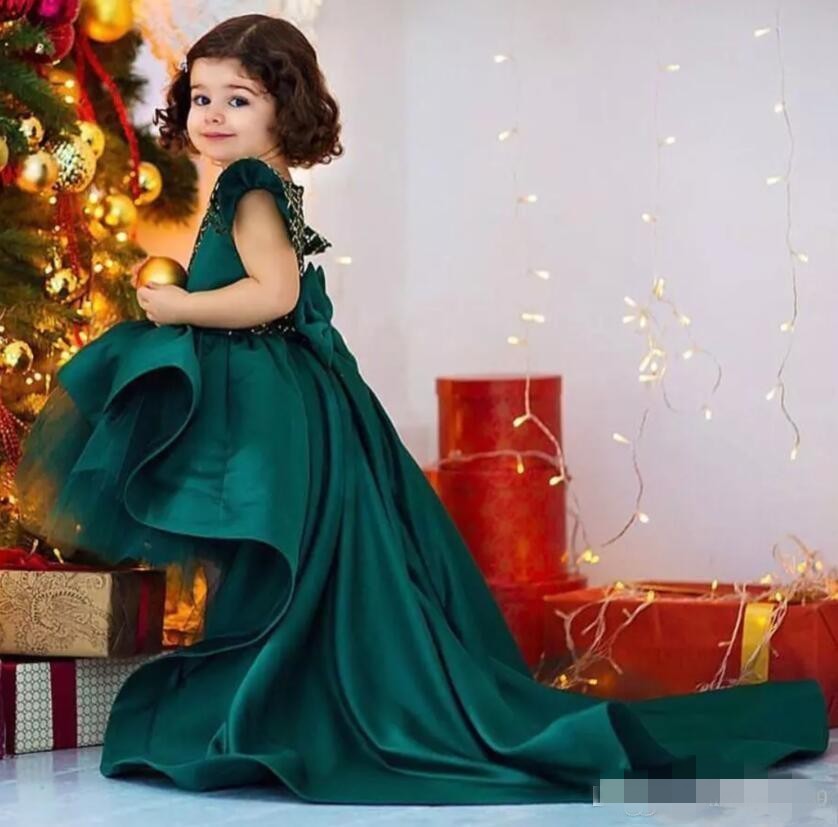 Wer Green Vintage Girls Dresses High Low Satin Bow Cap Sleeves Tulle Birthday Party Gown Kid Pageant Formal Wear Custom Made