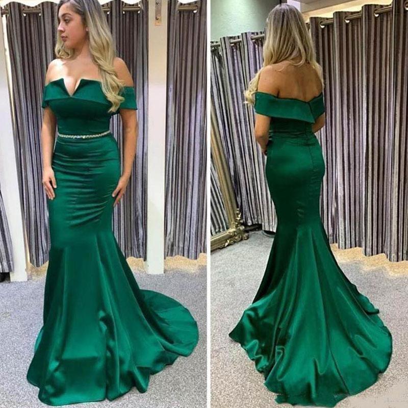 Green Mermaid 2020 Prom Dresses Satin Beaded Waist Crystal Sweep Train Custom Made Evening Party Gowns Formal Ocn Wear Plus Size