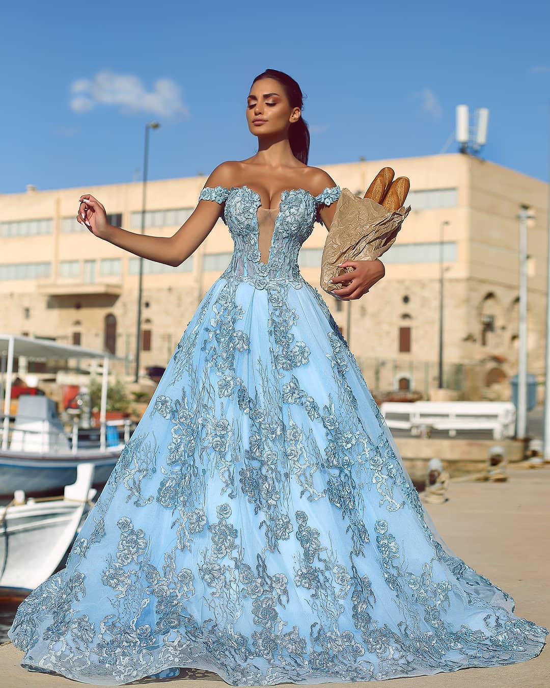 Blue Light Sky Lace Prom Dresses Beaded Off Shoulder Sheer Deep V Neck Appliqued Party Dress Plus Size A E Evening Gowns