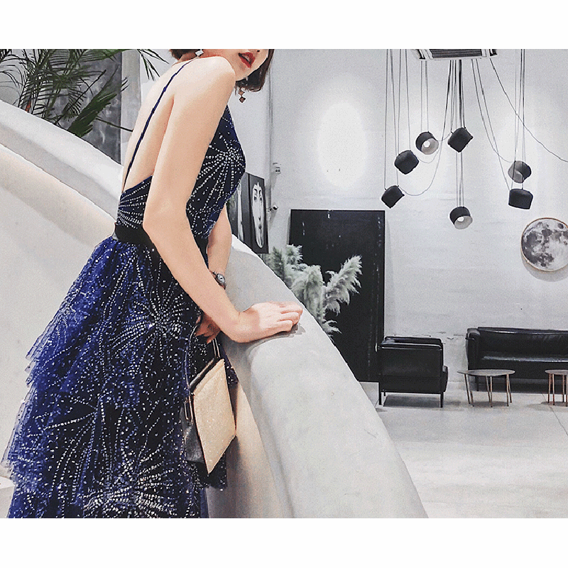 Sexy Backless Royal Blue Prom Dress Layers Tulle Spaghetti Long Prom Dresses
