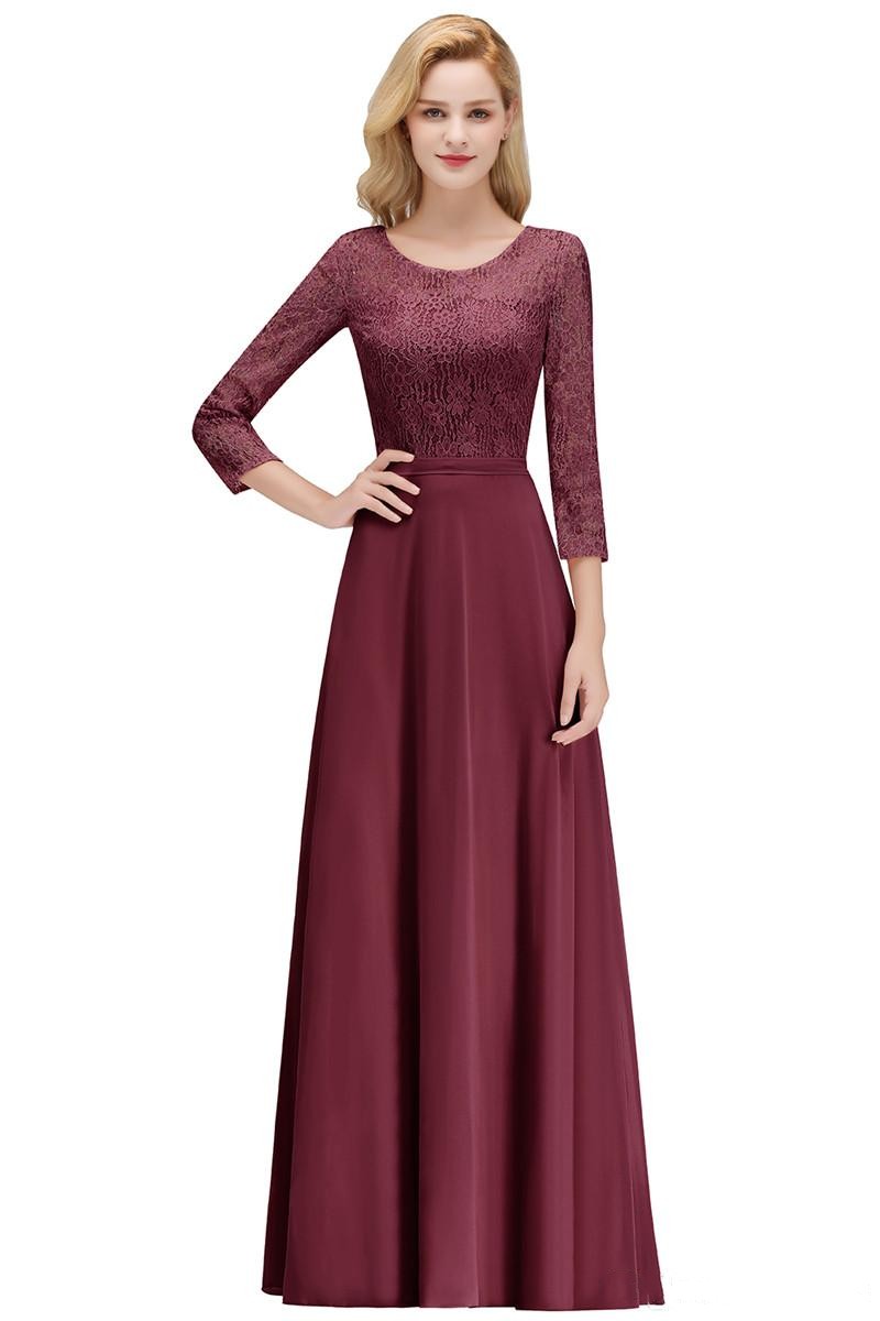 Elegant Lace and Chiffon Burgundy Bridesmaid Dresses Long Sleeves Jewel Neck A Line Floor Length Women Wedding Guest Dresses
