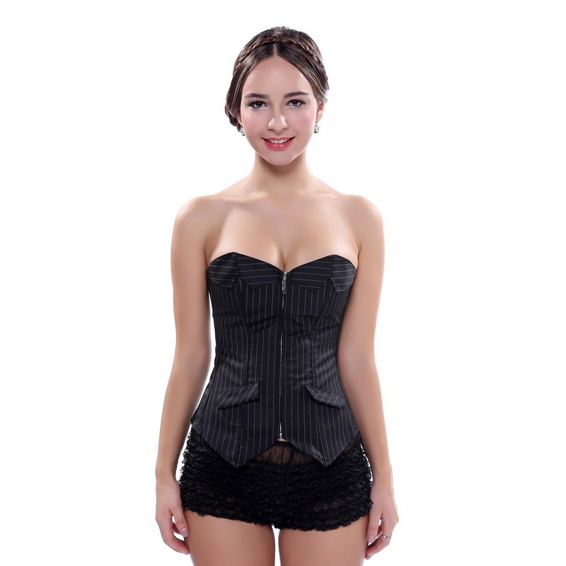 Black Striped Suit Style Shapewear Women Overbust Zipper Bustier Strapless Corselet Slim Body Shaper Plus Size S-6XL Corset Tops