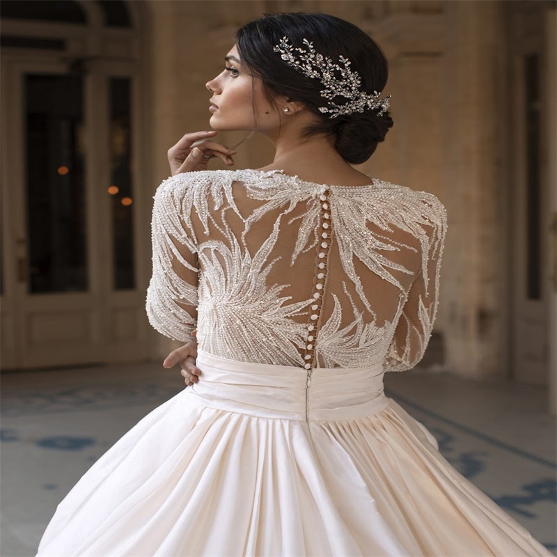 Newest Gorgeous Long Sleeves Wedding Dresses Illusion Sequins Beaded Appliqued Chapel Bridal Gown Ruched Satin Custom Made Vestidos De Novia