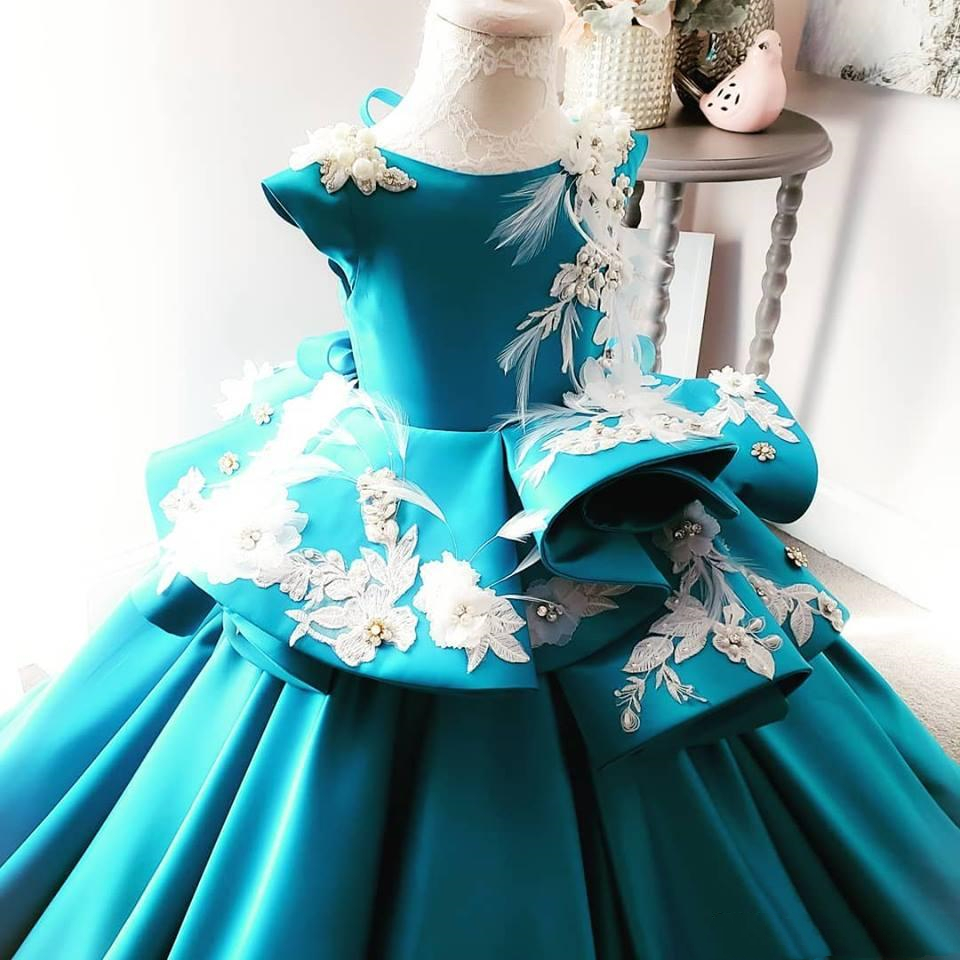 pearls blue flower girls dresses for wedding jewel neck birthday gowns 3d flower satin beading first communion dress ball gowns