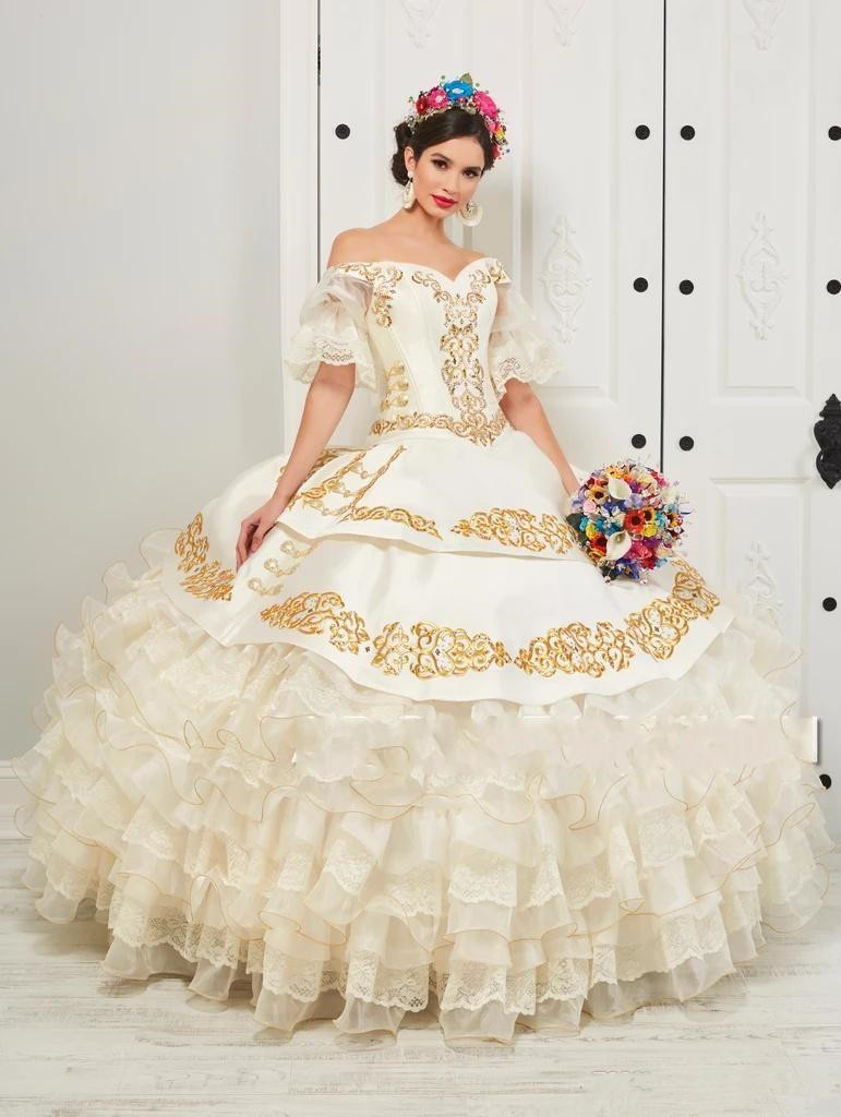 Ruffled Floral Charro Quinceanera Dresses 2020 Off Shoulder Puffy Skirt Gold Embroidery Beads Princess Sweety 16 Girls Masquerade Prom Dress