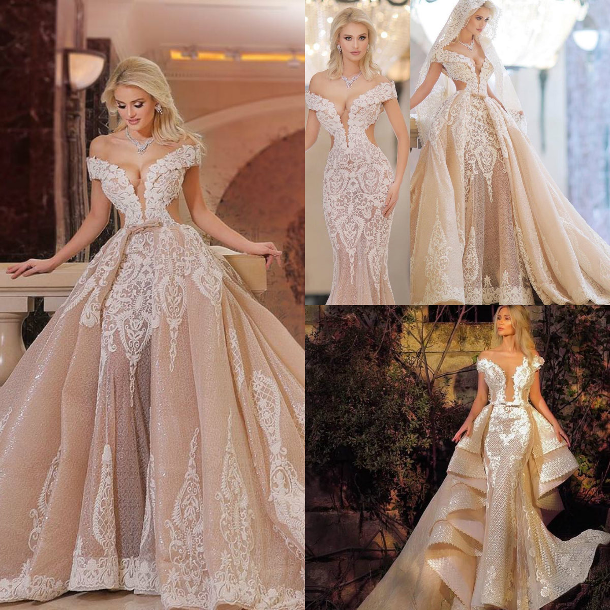 Champagne Mermaid Wedding Dresses With Detachable Train Lace White Appliqued Court Wedding Dress Boho Robe De Mariée Plus Size Bridal Gowns