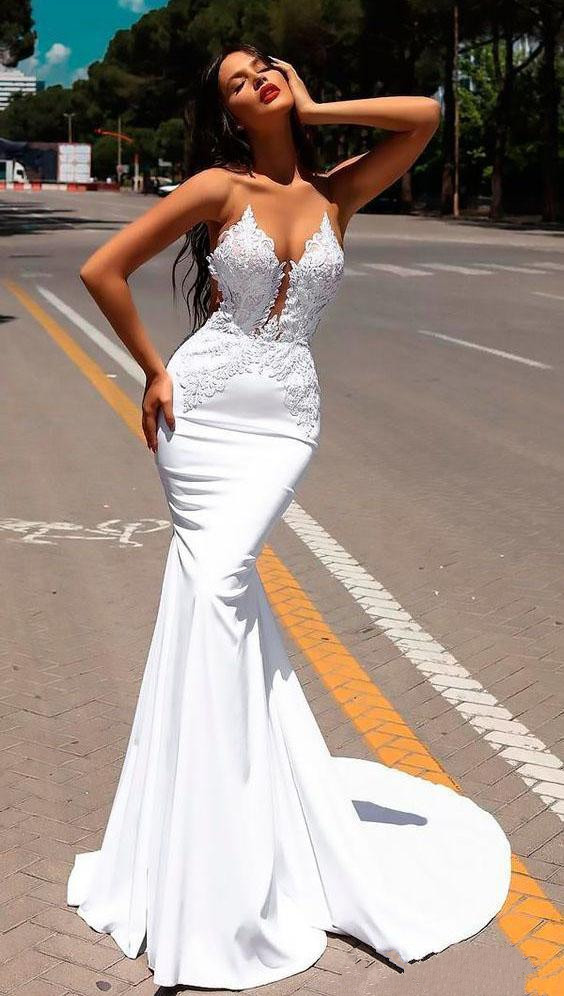 white mermaid new evening dresses sheer neck lace appliques with beading sequined abendkleider prom gowns sweep train red carpet dress