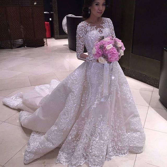 gorgeous mermaid lace wedding dresses with detachable train appliqued beads long sleeve wedding gowns bridal dress vestidos de nnovia