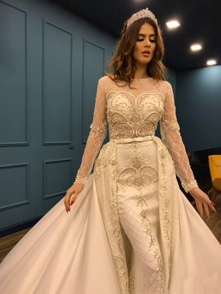 Luxurious Beaded Pearls Mermaid Wedding Dresses With Detachable Train Long Sleeves African Lace Bridal Gowns Wedding Party Vestidos Custom