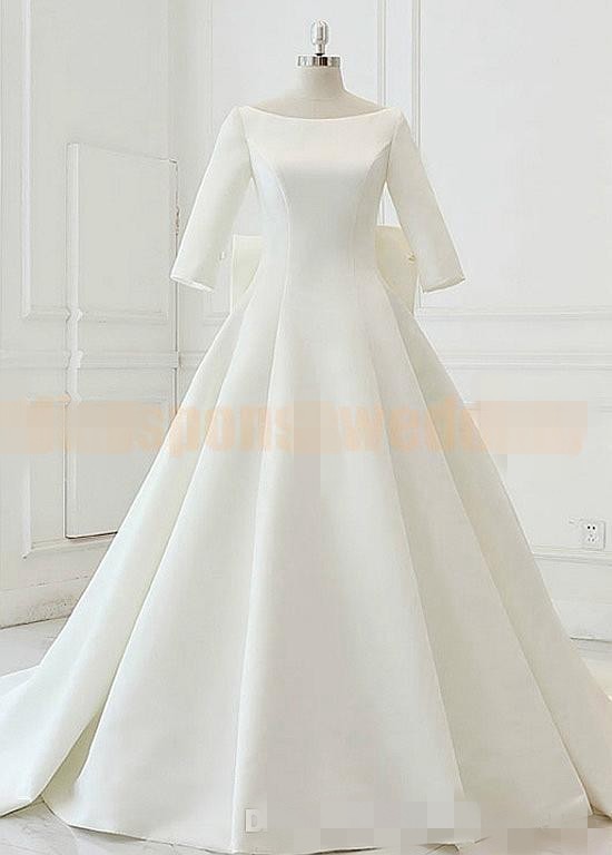 2020 Simple Satin Wedding Dresses 3/4 Long Sleeves Bow Lace Up Back Cathedral Train Wedding Gown Custom Made Vestido de novia