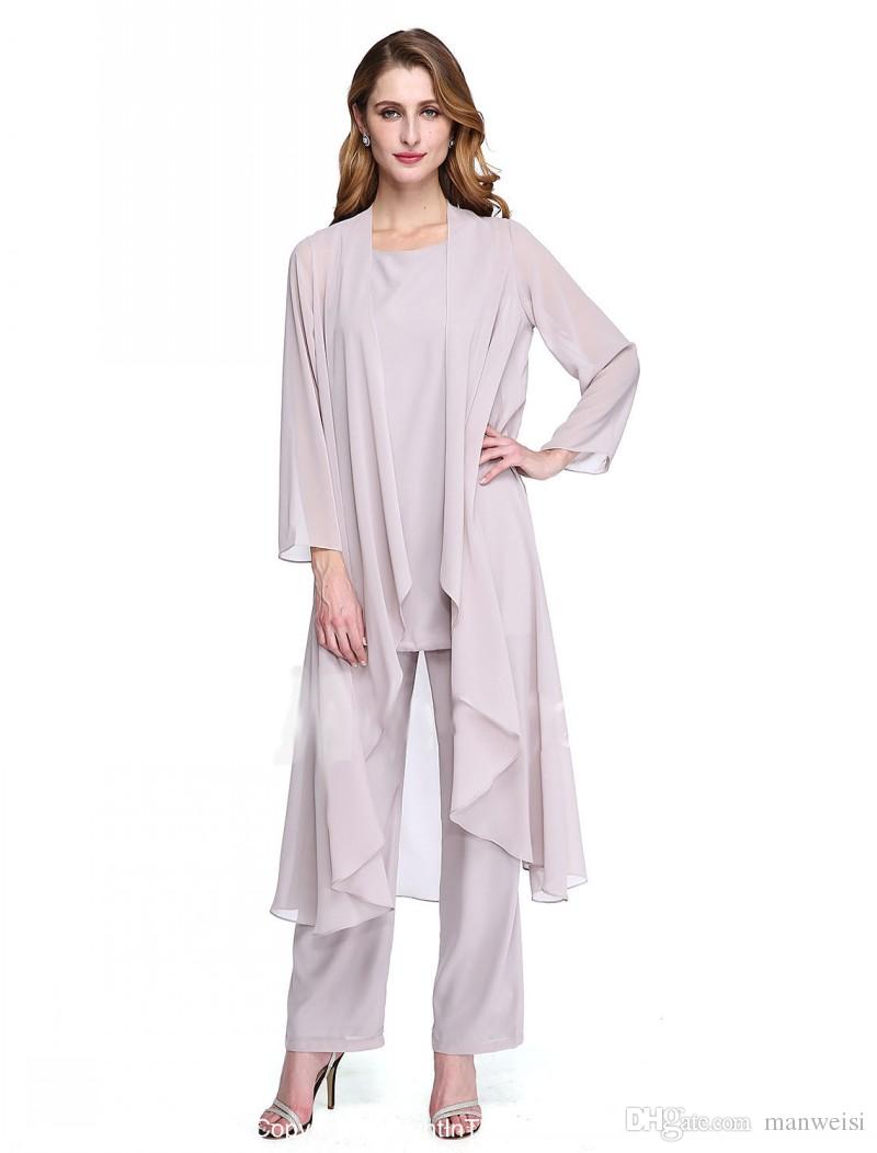Elegant Mother Of The Bride Dresses Three Pieces Outfit Chiffon Long Sleeve Custom Made Pant Suits Cheap Wedding Guest Dress Evening Gowns