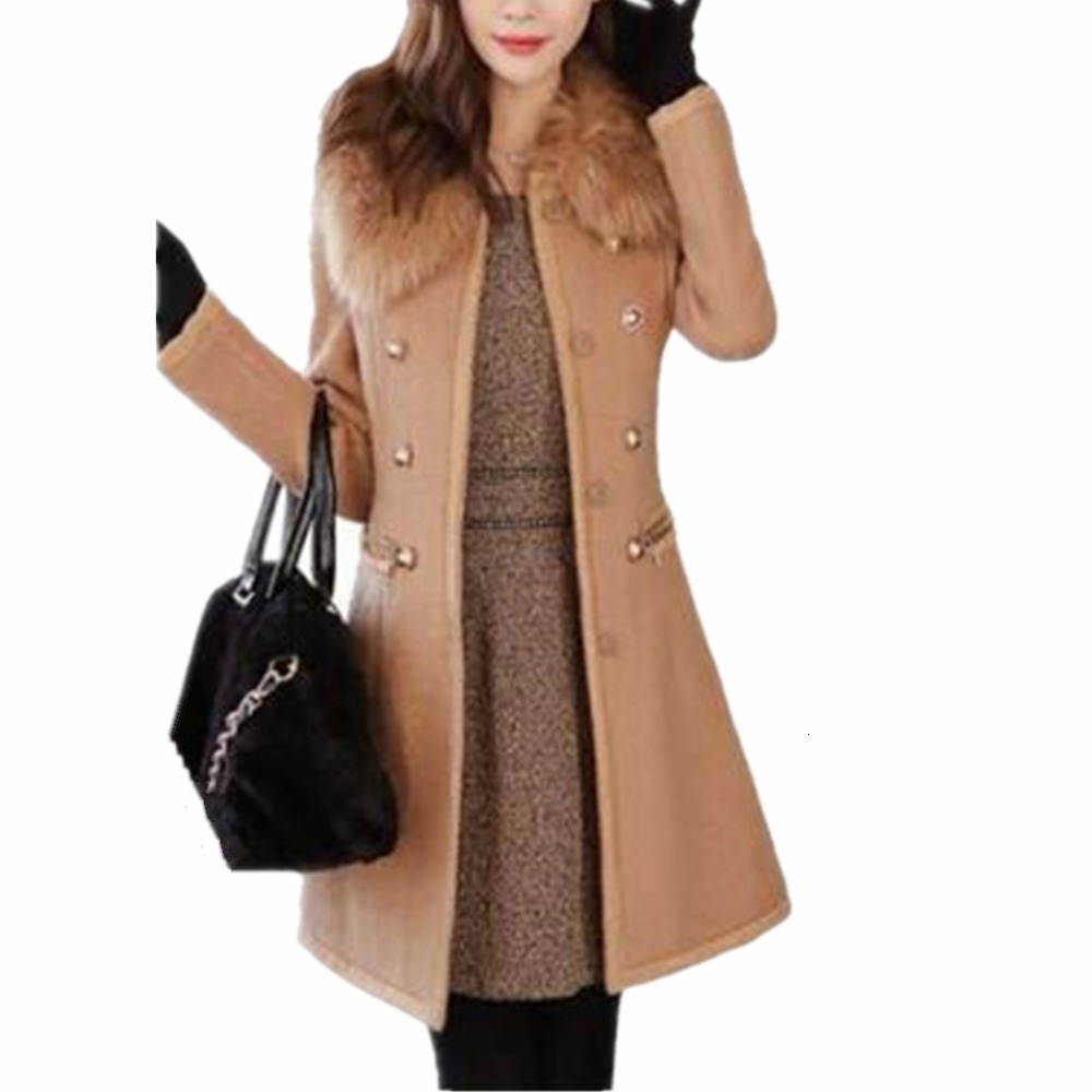 Women's Fur Collar Wool Coat, Double-Breasted Warm Outwear Jacket For Spring/Autumn, Winter White/Black