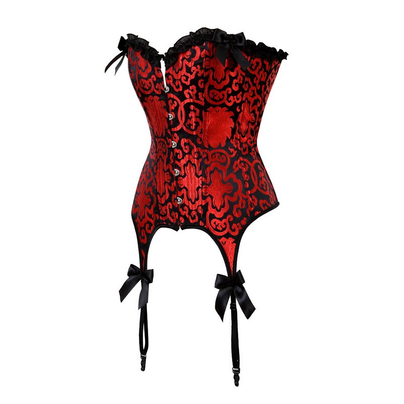 Women Burlesque Black Lace Ruffle Trim Red Jacquard Plastic Boned Overbust Corset Bustier with Garters and Bows Plus Size S-6XL