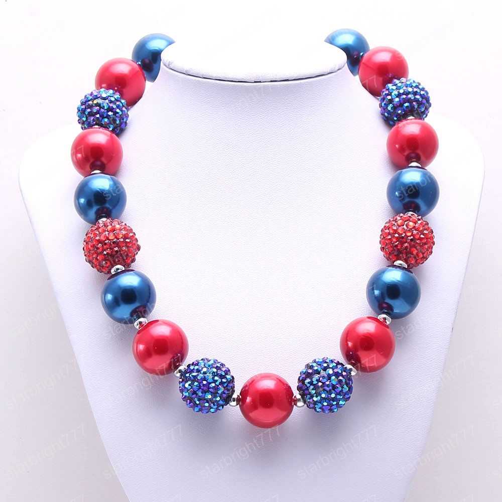 Red+Navy Color Kid Chunky Necklace Fashion 4th July Girl Children Bubblegom Bead Chunky Necklace Fashion Party Gift