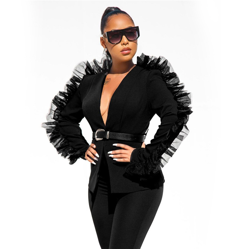 Solid Mesh Ruffle Fashion Two Piece Set: Blazer & Wide Leg Pants B4